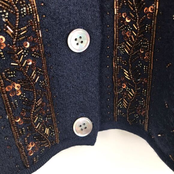 DKNY Vintage Navy Blue 100% Wool Beaded Cardigan Sweater - Picture 9 of 15